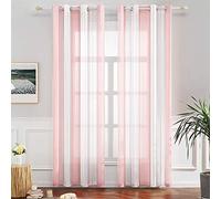 MIULEE Tende a Righe per Interni, Tende Trasparenti in Voile, Tenda Salotto Moderne con Anelli, Tenda a Pannello da Interno Finestra a Righe Bianche e Rosa Chiaro, 2X 140x245 CM