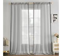 MIULEE Tende Camera da Letto con PON PON, 2 Pezzi Grigio Tende per Finestre Soggiorno (2X L 140 x A 260cm), Trasparenti Tende con Anelli, Tende Cameretta Bambini con Pompon, Tende Interni Casa