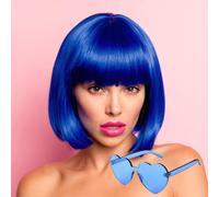 MIUSKATL Parrucca e occhiali da sole da 12 pollici Parrucche blu per donne Parrucca blu caschetto con frangia Parrucche corte per feste in costum