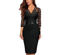 MIUSOL Abito da donna in pizzo vintage con scollo a V, maniche a 3/4, per cocktail, feste, matrimonio, lavoro, abito aderente, Nero , XL