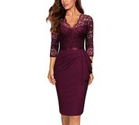 MIUSOL Abito da donna vintage in pizzo con scollo a V, maniche a 3/4, cocktail party, formale, matrimonio, ospite, lavoro, aderente, vino, S