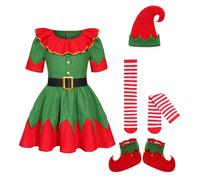 Miutii 5 pezzi da ragazza con self di Natale, abito da elfo, Babbo Natale, costume di Natale con berretto, calze, scarpe, abiti di Natale, verde scuro, 116-122