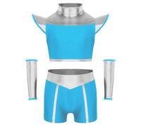 Miutii Abbigliamento alieno da ragazza, lucido, stile astronauto, costume metallizzato, crop top, pantaloncini + bracciale, stile Space Girl Show, costume da danza, azzurro, 110-116