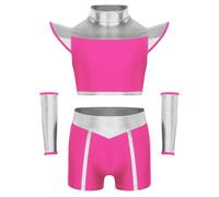 Miutii Abbigliamento alieno da ragazza, lucido, stile astronauto, costume metallizzato, crop top, pantaloncini + bracciale, stile Space Girl Show, costume da danza, rosa scuro 122-128