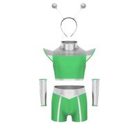 Miutii Costume da alieno da ragazza, lucido, stile astronauto, con crop top, pantaloncini e cerchietto per capelli, stile alieno, colore verde, argento 98-104