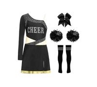 Miutii Costume da cheerleader da cheerleading con una spalla, con pompon, calzini da cheerleading, uniforme, Halloween, Carnevale, nero, 158-164