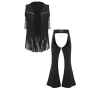 Miutii Costume da cowboy da uomo in pelle scamosciata, gilet e pantaloni, chaps, Halloween, carnevale, hippe, discoteca, costume da ballo, taglia A, nero, XL