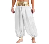 Miutii Costume da uomo arabo principe in raso, pantaloni a pompa, pantaloni larghi, pantaloni sportivi per il tempo libero, pantaloni hippie, bianco, XL