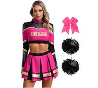Miutii Costume Dame Uniforme Cheerleading Pezzi Crop Top Maniche Lunghe Con Gonna Pompom Calze Fazzoletto Capelli Abito Ballo Abito Carnevale O Fasching Rosa scuro XL