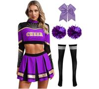 Miutii Costume Dame Uniforme Cheerleading Pezzi Crop Top Maniche Lunghe Con Gonna Pompom Calze Fazzoletto Capelli Abito Ballo Abito Carnevale O Fasching Viola e nero XL