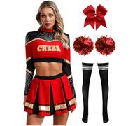 Miutii Costume Dame Uniforme Cheerleading Pezzi Crop Top Maniche Lunghe Con Gonna Pompom Calze Fazzoletto Capelli Abito Ballo Abito Carnevale O Fasching Rosso e nero XXL