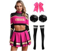 Miutii Costume Dame Uniforme Cheerleading Pezzi Crop Top Maniche Lunghe Con Gonna Pompom Calze Fazzoletto Capelli Abito Ballo Abito Carnevale O Fasching Rosa shocking e nero M
