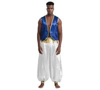 Miutii Costume Principe Arabo Uomo Vestito Medioevale In Seta Giacca Pantaloni Hareem Abbigliamento Arabo Costume Ladro Con Lampada Magica Carnevale Blu reale e bianco XL