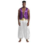 Miutii Costume Principe Arabo Uomo Vestito Medioevale In Seta Giacca Pantaloni Hareem Abbigliamento Arabo Costume Ladro Con Lampada Magica Carnevale Viola scuro e bianco 4XL