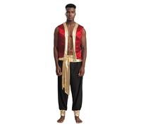 Miutii Costume Principe Arabo Uomo Vestito Medioevale In Seta Giacca Pantaloni Hareem Abbigliamento Arabo Costume Ladro Con Lampada Magica Carnevale Rosso e nero L