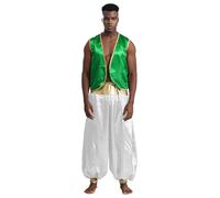 Miutii Costume Principe Arabo Uomo Vestito Medioevale In Seta Giacca Pantaloni Hareem Abbigliamento Arabo Costume Ladro Con Lampada Magica Carnevale Verde e bianco 4XL