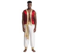 Miutii Costume Principe Arabo Uomo Vestito Medioevale In Seta Giacca Pantaloni Hareem Abbigliamento Arabo Costume Ladro Con Lampada Magica Carnevale Rosso e bianco M