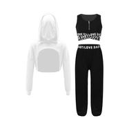 Miutii Set di vestiti da ragazza Hip Hop 3 pezzi a maniche lunghe + reggiseno sportivo Crop Top + pantaloni cargo Street Dance Tuta sportiva, Nero&Avorio, 122-128