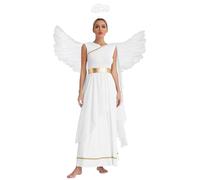 Miutii Vestito Angelo Donna Costume Angelico Con Alette Angelo E Giglio Aureo Vestito Natale Maxi Halloween Carnevale Fasching E Feste A Bianco M
