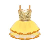 Miutii Vestito da balletto per bambini, con paillette, con tutù, gonna, ballerina latina, vestito da danza, ginnastica, danza, gold, 122-128 cm