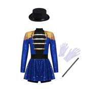 Miutii Vestito da bambina a maniche lunghe con paillette, con cappello, direttore del circo, uniforme, con brillantini, per Halloween, carnevale, colore blu, 158-164