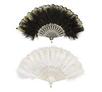 MIVAIUN 2 Pezzi Bianco Nero Ventaglio di Piume anni '20, Ventaglio Manuale Pieghevole in Stile Vintage, Accessori Anni 20 Donna Gatsby, 1920 Handheld Feather Fan per Halloween Party Costume