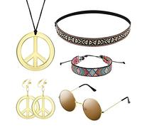 MIVAIUN 5 pezzi Hippie Costume Set, Bohemia Costume Set, 60s Accessori per Feste, Occhiali da Sole, Collana con Segno di Pace Orecchini, Stile Bohemien Fascia, Anni '60 Hippie Set Accessori