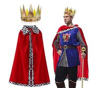 MIVAIUN Mantello da Re Regina per Adulti con Corona, Mantello Reale Mantello di Velluto Costumi Reali Medievali Costume da Re Regina per Halloween, Natale, Carnevale, Cosplay, Festa, 120cm (Rosso)