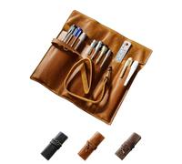 MIVLXLX Astuccio in vera pelle per penne e matite, 3 tasche aperte per penne lunghe, cinghia robusta, patta pieghevole (giallo)