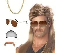 MIVORA Parrucca Mullet Uomo Costume Hippie Cosplay Mullet- Gold Parrucca Occhiali da Sole Collana Barba Finta, Costume Anni 70 80 Costume Carnevale Halloween Parrucca Discoteca Abiti Halloween Uomo