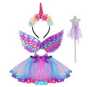 MIVORA Vestito da principessa con unicorno, da ragazza, costume da fata, costume da unicorno, per bambini, con fascia per unicorno, bacchetta magica, per feste di unicorno (viola)
