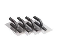 Mivos Set di 4 spatole dentate in acciaio inox 6x6 8x8 10x10 12x12 mm - Cazzuola dentata 270x130 con manico in plastica - Cazzuola per piastrelle antiruggine - grattugia - Made in EU