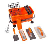MIVOS Set per lavaggio piastrelle 7 pezzi con ruote - Set professionale - Cazzuola da stuccatore - Cazzuola dentata - Tavola di spugna - Tavola di sfregamento - Secchio 22L - Betoniera per malte