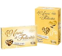 Mix Confetti + Cuoricini 50 Anni di Felicità Nozze d’Oro - Confetti alla Mandorla Dorati e Cuoricini Mignon al Cioccolato Fondente - per crispo 1kg