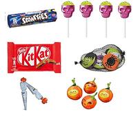 Mix n4 caramelle cioccolata e dolci HALLOWEEN 13 pz ( 1 tubo di smarties - 4 lecca lecca a forma di teschio - 1 kitkat - 2 ombrellini di cioccolata halloween - 1 retina di monete con mostri - 4 zucchine di cioccolata)