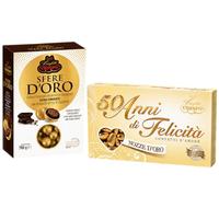 Mix Nozze d’Oro con Sfere d’Oro + Confetti Incartati Oro - Confetti alla Mandorla e Cereali Ricoperti di Cioccolato Fondente per 50 Anni di Matrimonio, Bomboniere e Confettata per crispo 1,2kg