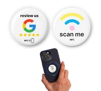 Mix Set in inglese: adesivi NFC per recensioni su Google + "scan me" - Raccogli feedback o link anything - programmabili, 3 m adhesive - 3 cm Ø - customers with one tap