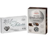 Mix Sfere d’Argento + 25 Anni di Felicità, Confetti Argentati e Sfere di Cioccolato per Nozze d’Argento, Anniversario 25 Anni, Confettata Matrimonio, per crispo 1,2kg