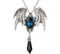 MIXIUJIEN Collana di cristallo a forma di ali di pipistrello, stile gotico, in argento, con cristallo blu e ossidiana nera, gioiello per Halloween, One Size, Agata