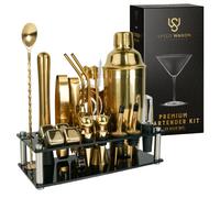 Mixology Bartender Kit - Set da 24 pezzi con shaker per cocktail dorato con supporto, accessori essenziali per la casa e bar, shaker Martini, Jigger, Muddler, cubi refrigeranti e altro