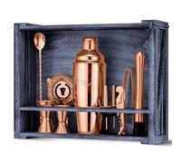 Mixology & Craft Set di 11 pezzi per cocktail shaker e supporto in legno rustico, kit da cameriere e mixer da cocktail, set regalo in rame