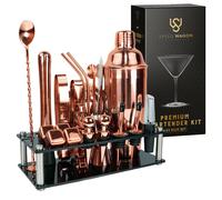 Mixology kit barista - set da shaker da cocktail in oro rosa a 24 pezzi con stand - accessori da bar per la casa essenziali martini shaker jigger fan