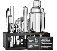 Mixology - Kit da barista con supporto, 15 pezzi, set da bar argentato, shaker per cocktail per miscelare bevande, include shaker Martini, misurino, colino, cucchiaio, pinze, apribottiglie, idea