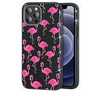 Mixroom - Custodia cover case Per iPhone 12 Pro in TPU morbido Nero con Brillantini Glitter 3 in 1 Fantasia Fenicotteri Rose codice BR461