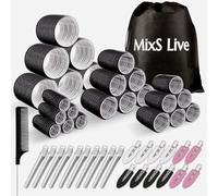 MixS Live Set di 48 bigodini per capelli, 4 misure (jumbo, grande, medio, piccolo), bigodini con presa automatica, con 22 fermagli per capelli e borsa per riporre i capelli lunghi, medi e corti,