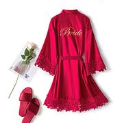 MIYAA Donna Kimono Vestaglia Pigiama,Abito in Raso Ricamo Lettera Pizzo Sposa Damigella d'Onore Matrimonio Corto Kimono Accappatoio Lingerie da Notte per Festa di Matrimonio,Sposa Bianca,L