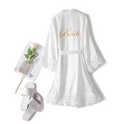 MIYAA Donna Kimono Vestaglia Pigiama,Abito in Raso Ricamo Lettera Pizzo Sposa Damigella d'Onore Matrimonio Corto Kimono Accappatoio Biancheria da Notte per La Festa Nuziale,Sposa Bianca,M