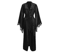 MIYAA Donna Vestaglia,Elegante Accappatoio A Kimono in Raso di Seta Sexy in Pizzo Tinta Unita Accappatoio Lungo,Biancheria da Notte da Donna per Quattro Stagioni Loungewear Plus Size,Nero,XL