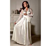 MIYAA Donna Vestaglia,Kimono in Raso Abiti in Pizzo Trasparente Sexy con Scollo A V Lingerie Babydoll Accappatoio Lungo con Cintura,Indumenti da Notte in Seta da Sposa per La Festa Nuziale,Bianco,S