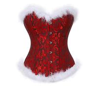 MIYAA Set di Lingerie Sexy Natalizia da Donna,Sexy Jacquard Feathers Overbust Corset Santa Costume Burlesque Vintage Floral Slim Lingerie Bustier Top per La Festa di Natale,Rosso,M